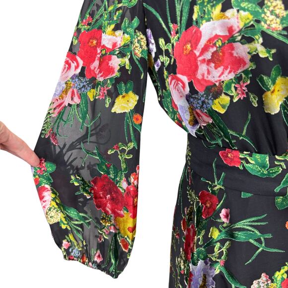 Alice + Olivia Abney Floral Burnout Velvet Detail Long Sleeve Midi Wrap Dress - Picture 11 of 16